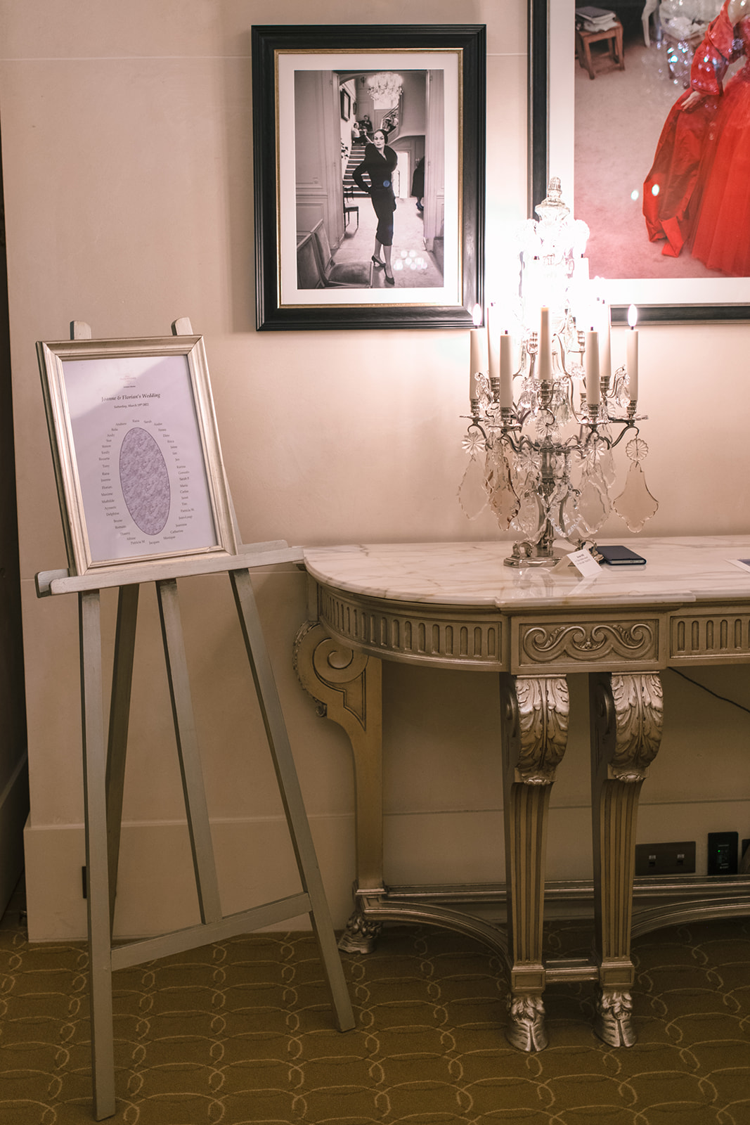 Wedding seating plan displayed inside Hôtel Plaza Athénée Paris